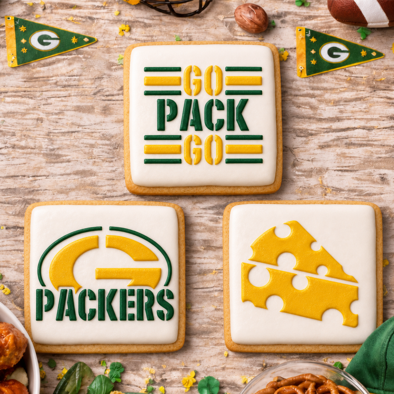 Three square iced cookies decorated with Green Bay Packers themes are arranged on a rustic wooden table. One cookie says 'GO PACK GO' with yellow and green stripes, one shows the Packers 'G' logo with 'PACKERS' underneath, and one features a slice of cheese with holes.
