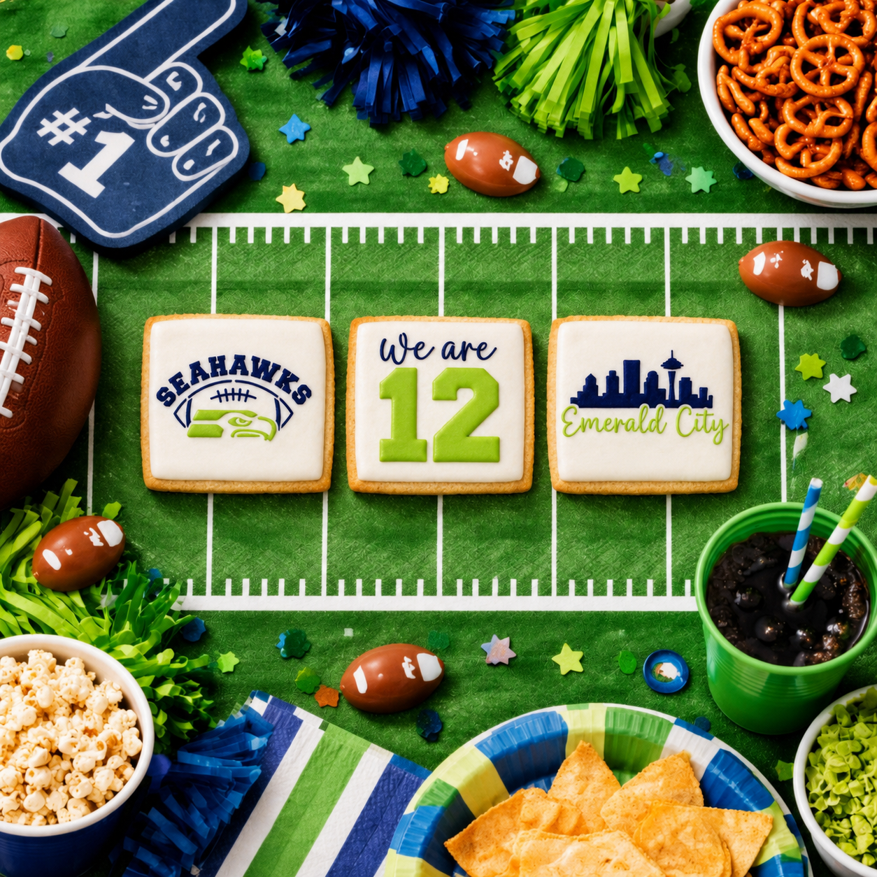 Football-themed party setup with Seattle Seahawks themed cookies, snacks, and decorations on a green surface.