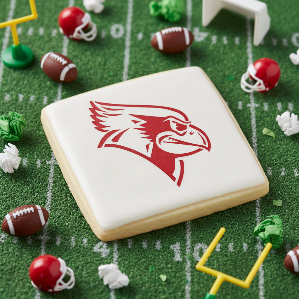 Cardinal mascot stenciled onto a cookie