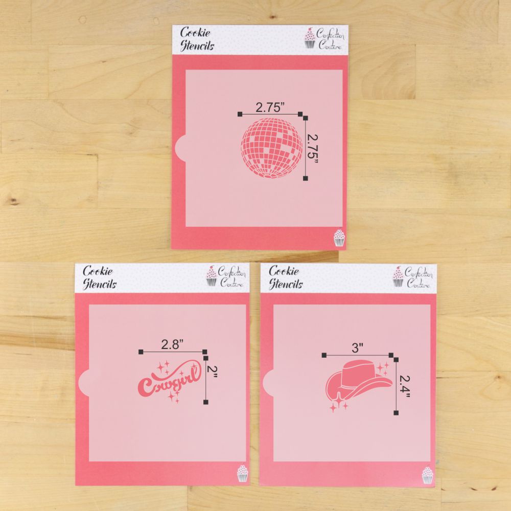 dimensions for the Disco Cowgirl Cookie Stencil set