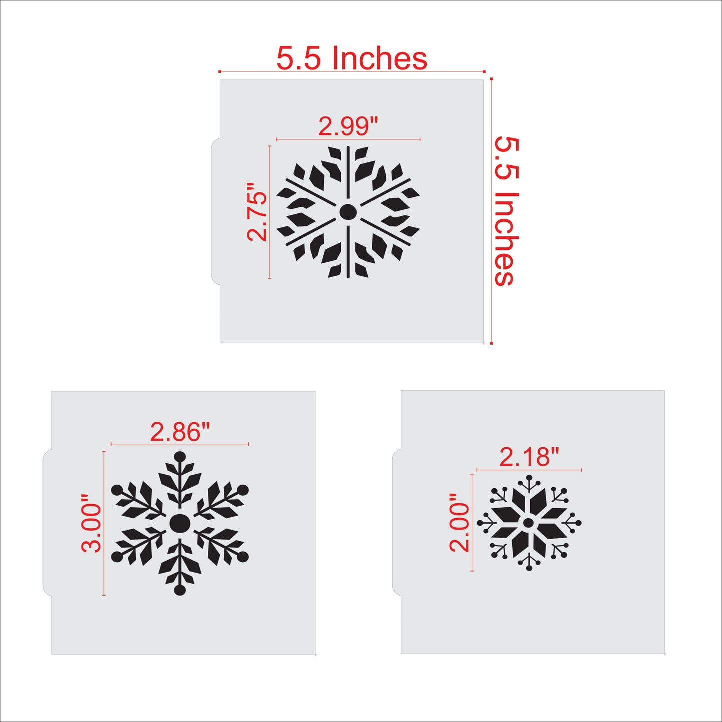 Three snowflake cookie stencils in different sizes for holiday decorating, ideal for royal icing and cookie projects.