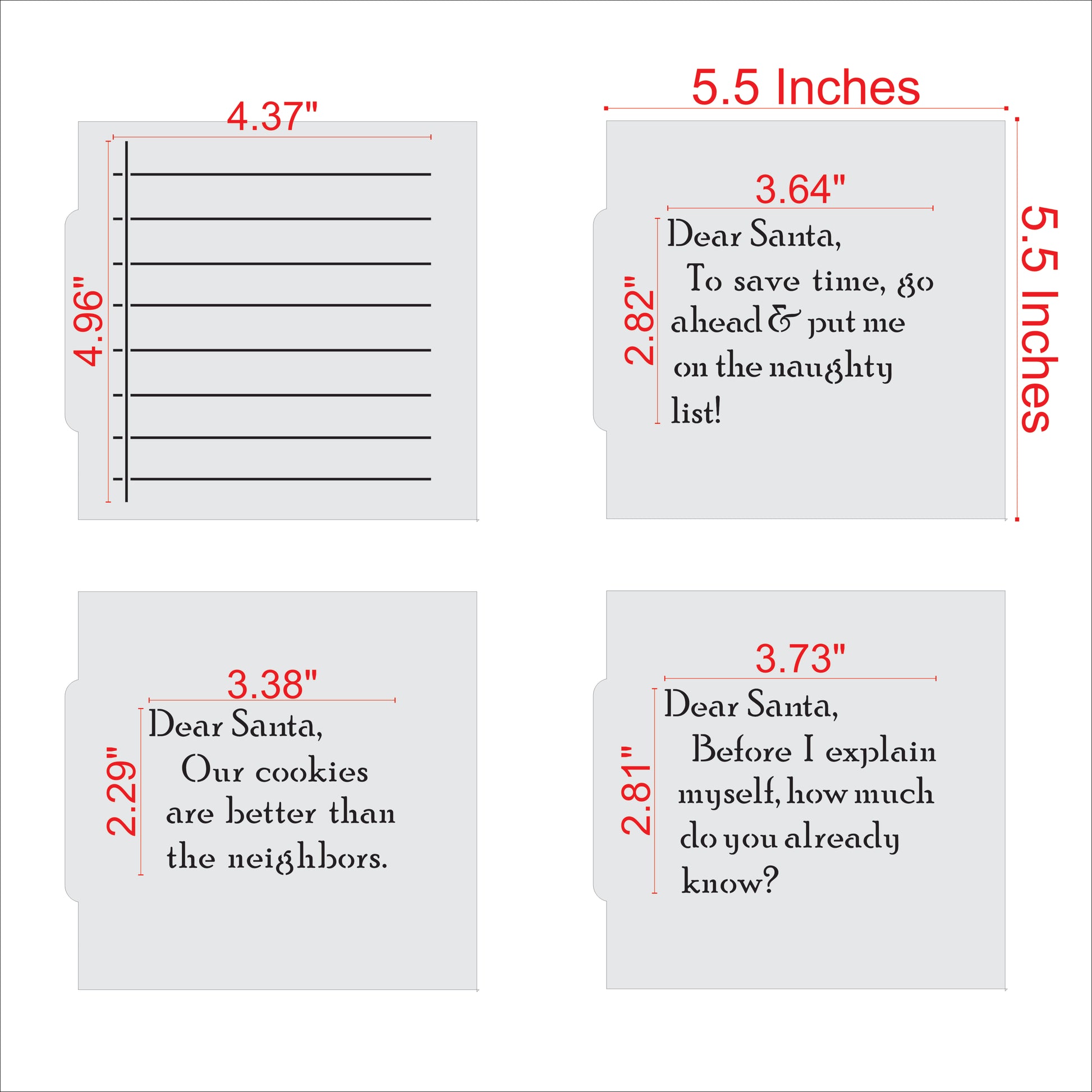 Dear Santa 4 Piece Cookie Stencil Set Dimensions