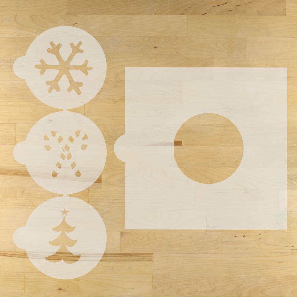 Christmas Round Cookie Stencil 3 Pc Set with a Stencil Adapter for round cookie stencils.