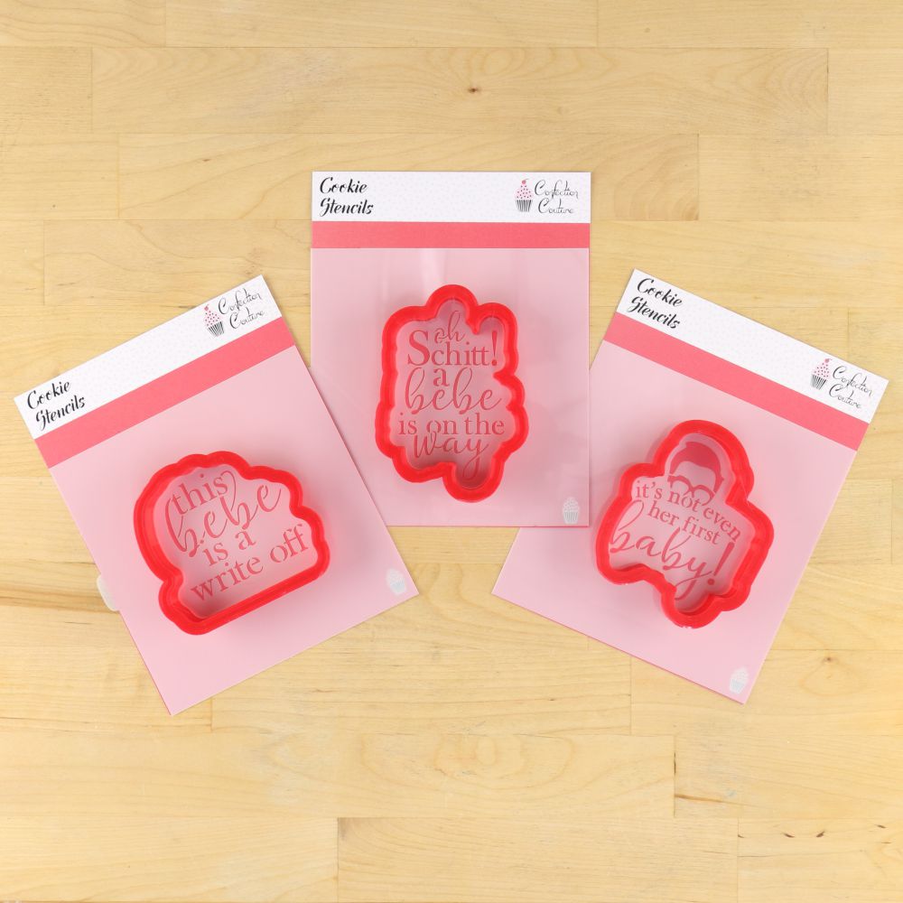 Schitt's Creek Themed Baby Shower Cookie Stencil Set with matching cookie cutters