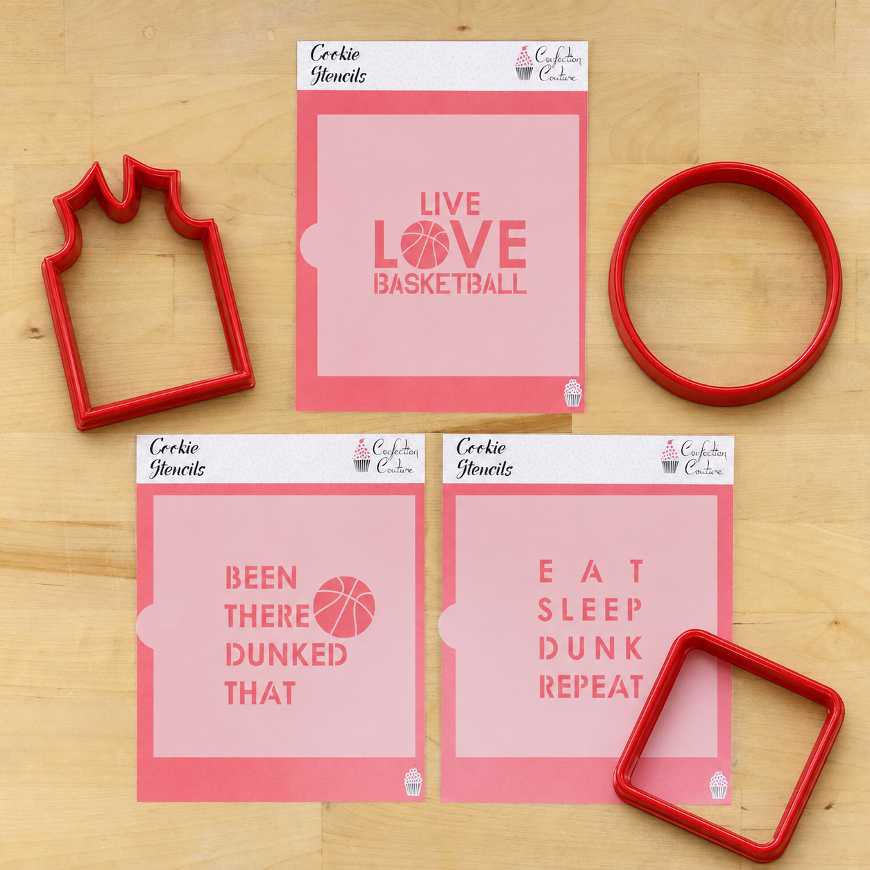 Three piece basketball cookie stencil set, with the matching basketball cookie cutters.