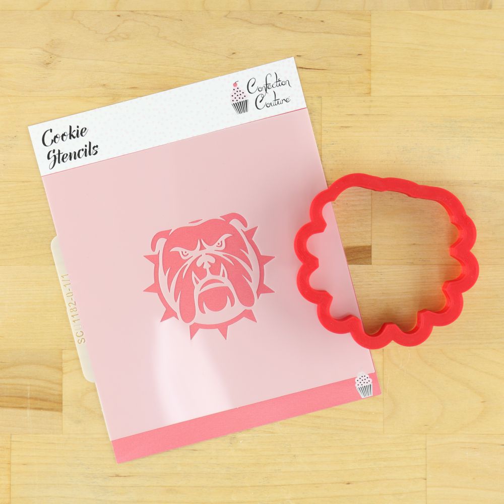 Bulldog Mascot cookie stencil with matching red cookie cutter for team spirit treats.