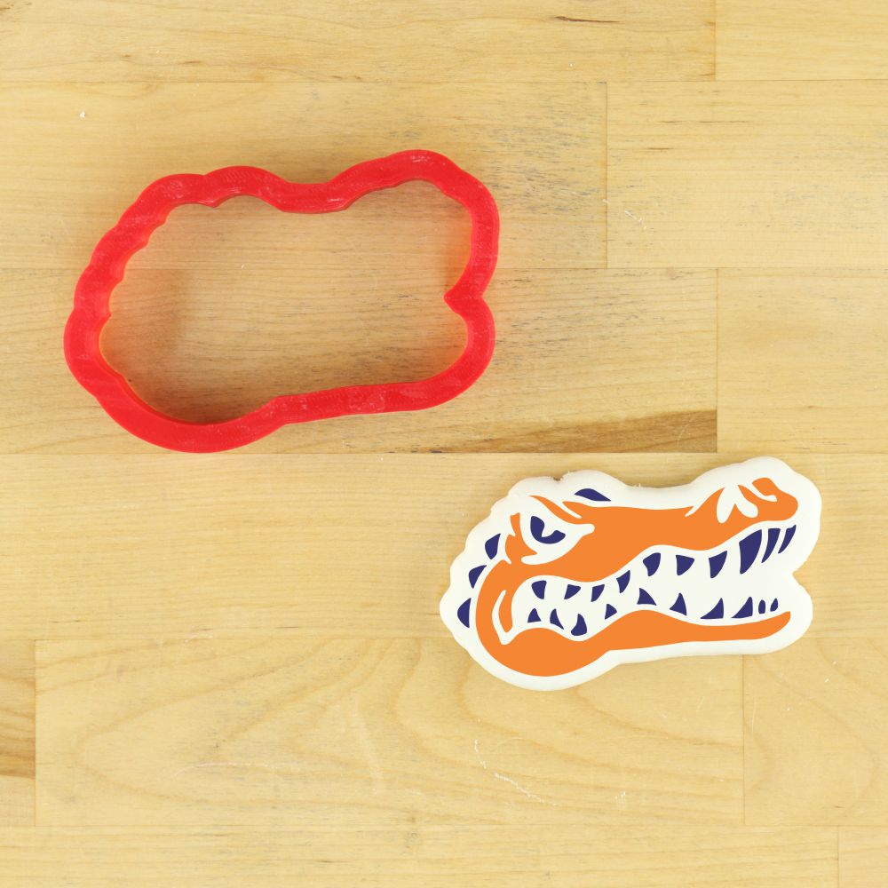 Alligator mascot cookie stencil and cutter set, perfect for team-themed cookies and sporting events.