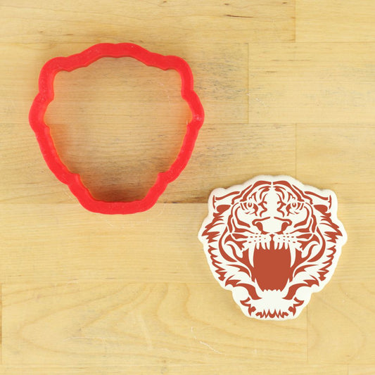 Tiger mascot cookie stencil and cutter set for baking delicious team-themed cookies.