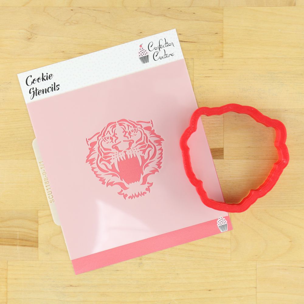 Tiger front view cookie stencil and cutter for team-themed cookie decorating.