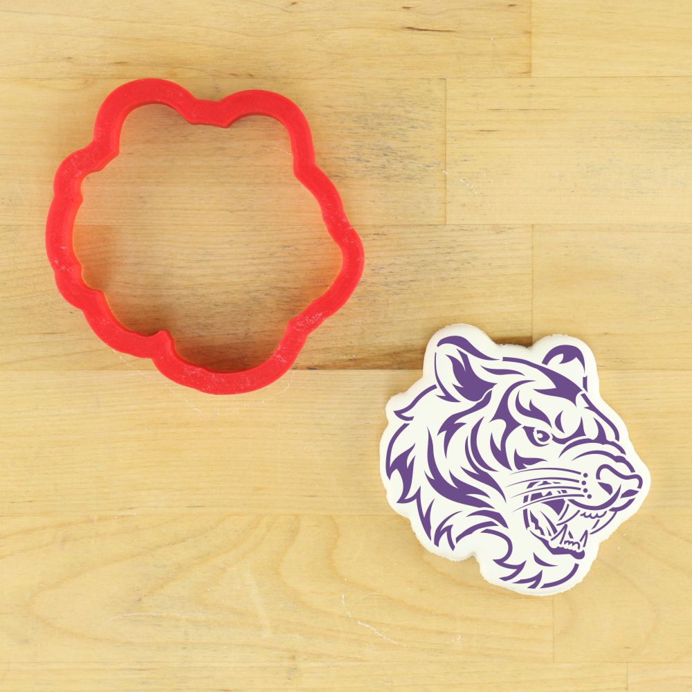 Tiger mascot cookie stencil and cutter for team-themed baking, perfect for sporting events and fan celebrations.