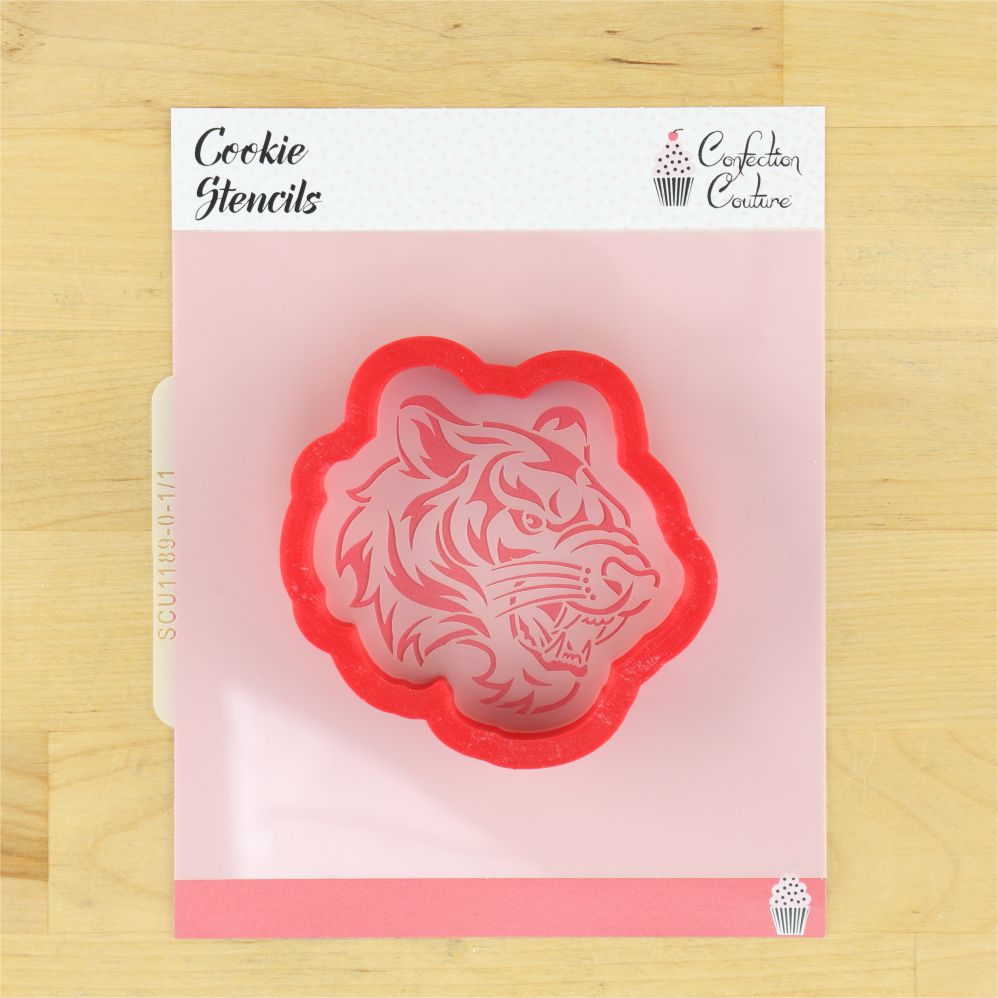 Tiger side view mascot cookie stencil for sports-themed baking and celebrations.