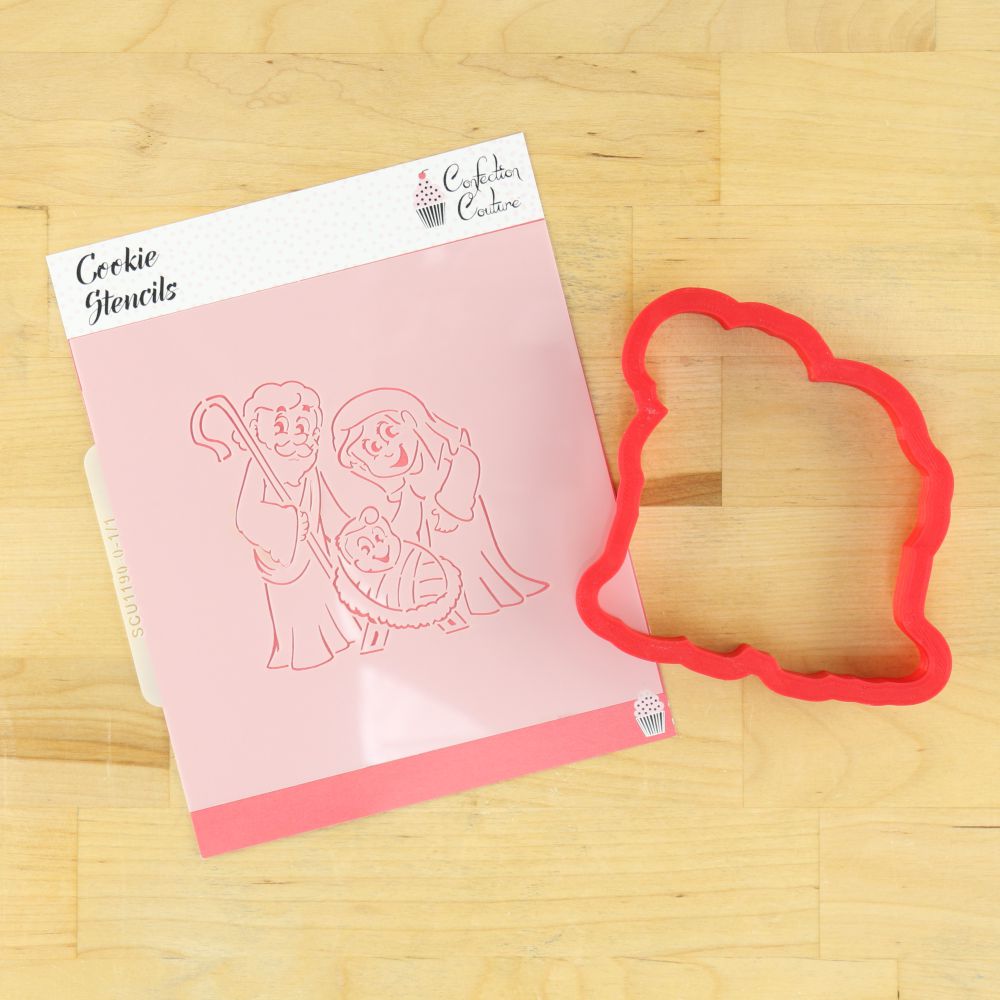 Nativity scene cookie stencil and matching cutter for paint your own cookies, perfect for Christmas celebrations.