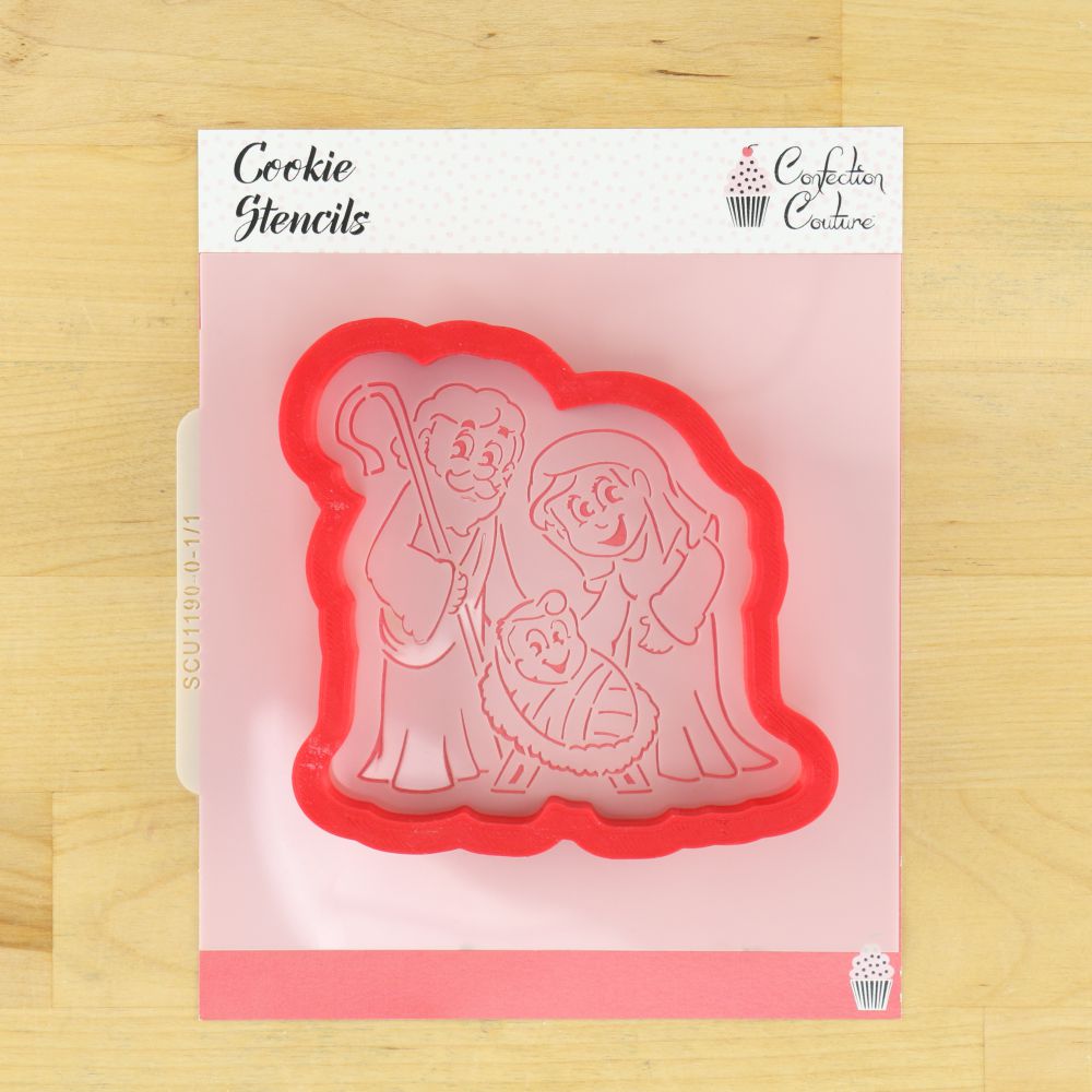Nativity scene cookie stencil in red, perfect for DIY PYO cookies for Christmas celebrations.