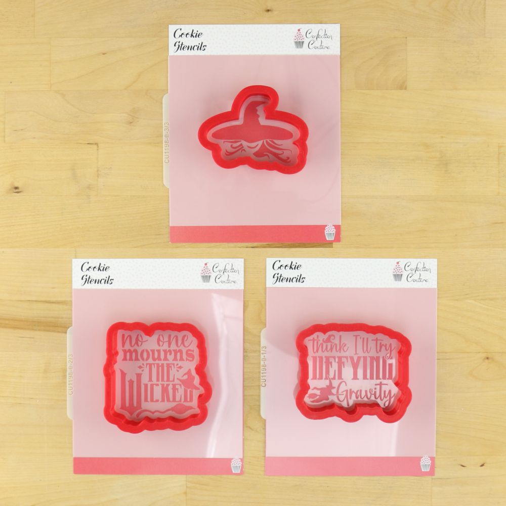 No One Mourns the Wicked cookie stencil set featuring three designs for creative baking.