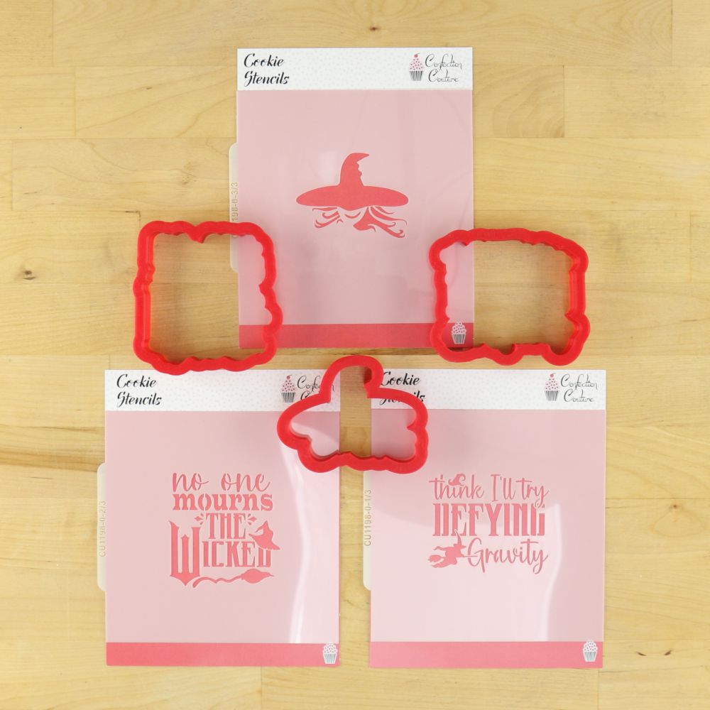 No One Mourns the Wicked cookie stencil set with red cutters for themed party treats.