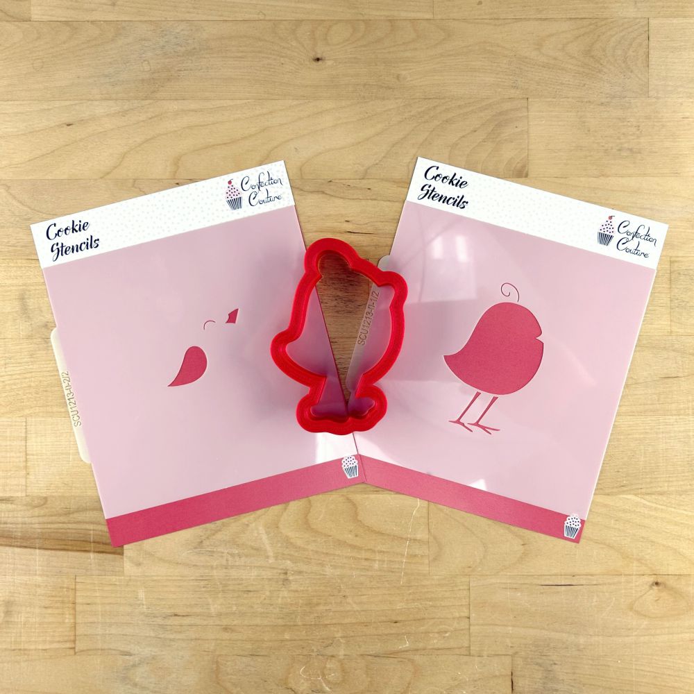 Easter Chick Cookie Stencil set with matching red cookie cutter on a wooden surface.