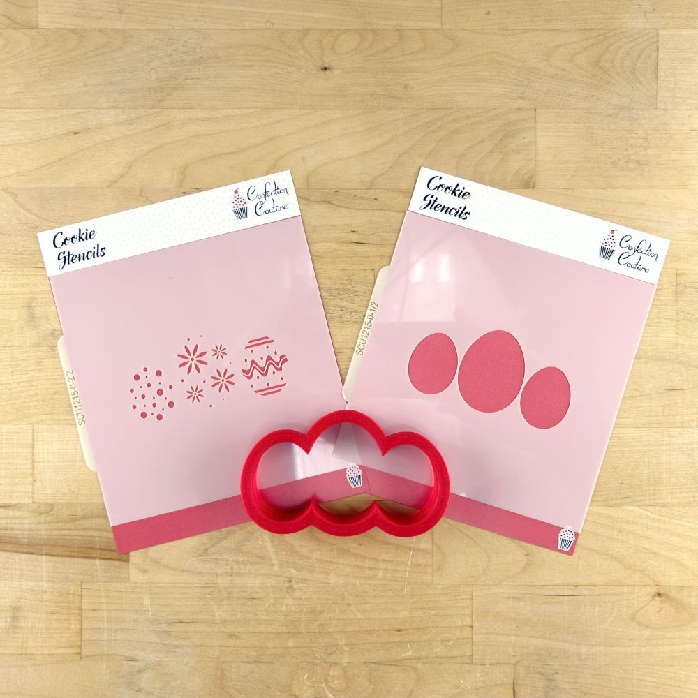 Easter Egg Trio cookie stencil and matching cutter on a wooden surface for festive baking.