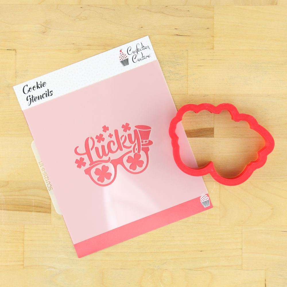 St. Patrick's Day sunglasses cookie stencil with 'Lucky' design and matching red cookie cutter.