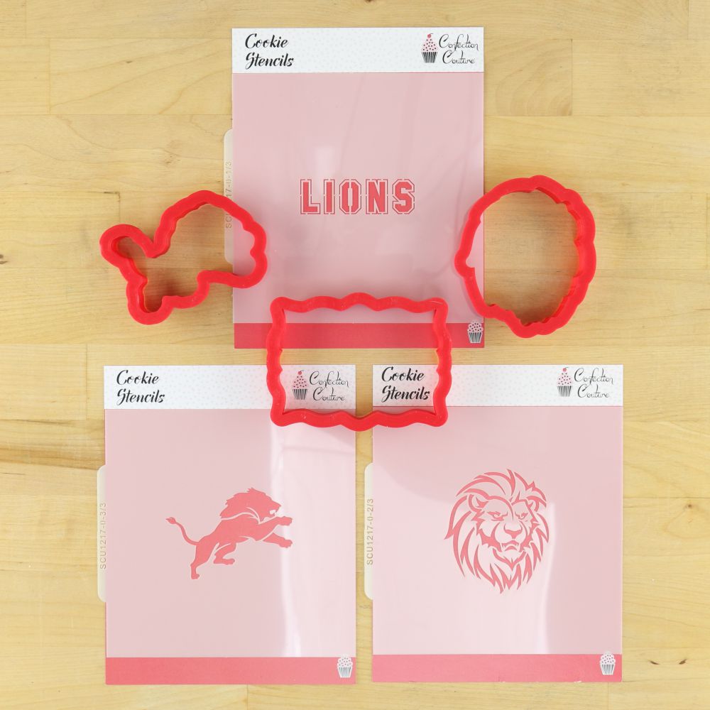 Lion Mascot Cookie Stencil Set with three stencils and matching cookie cutters for game day treats.