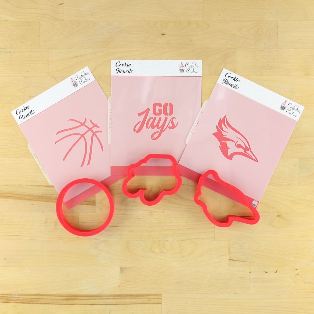 Go Jays cookie stencil set featuring basketball and Blue Jay designs for fan-themed treats.