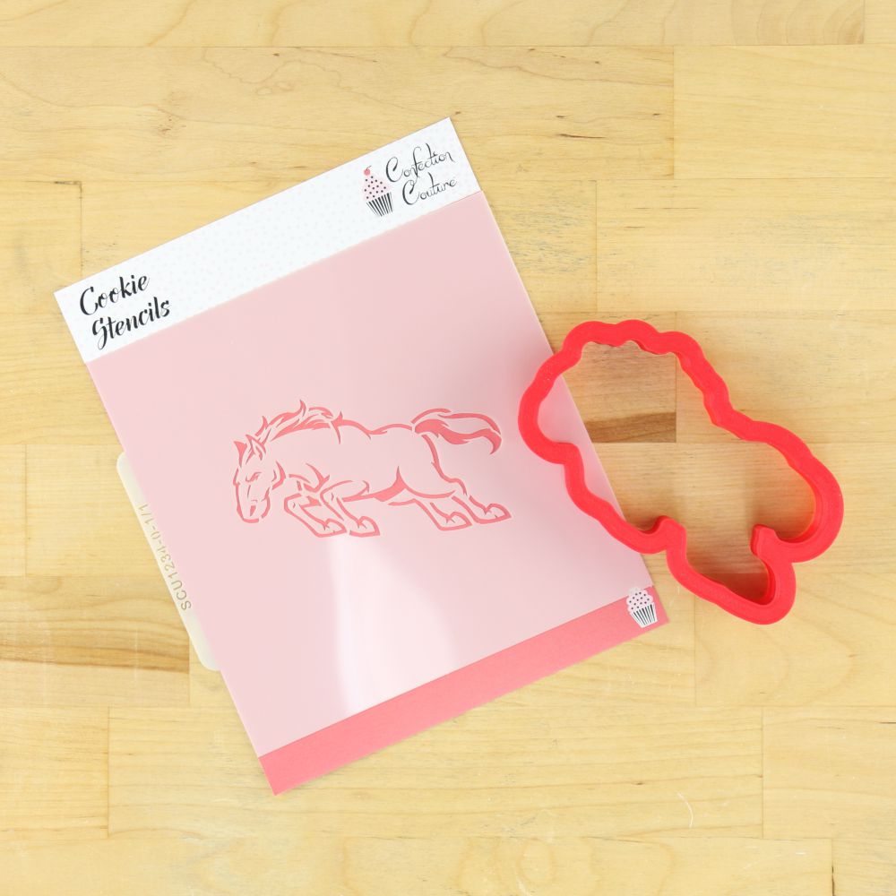 Bucking Bronco Mascot Cookie Stencil with its matching cookie cutter