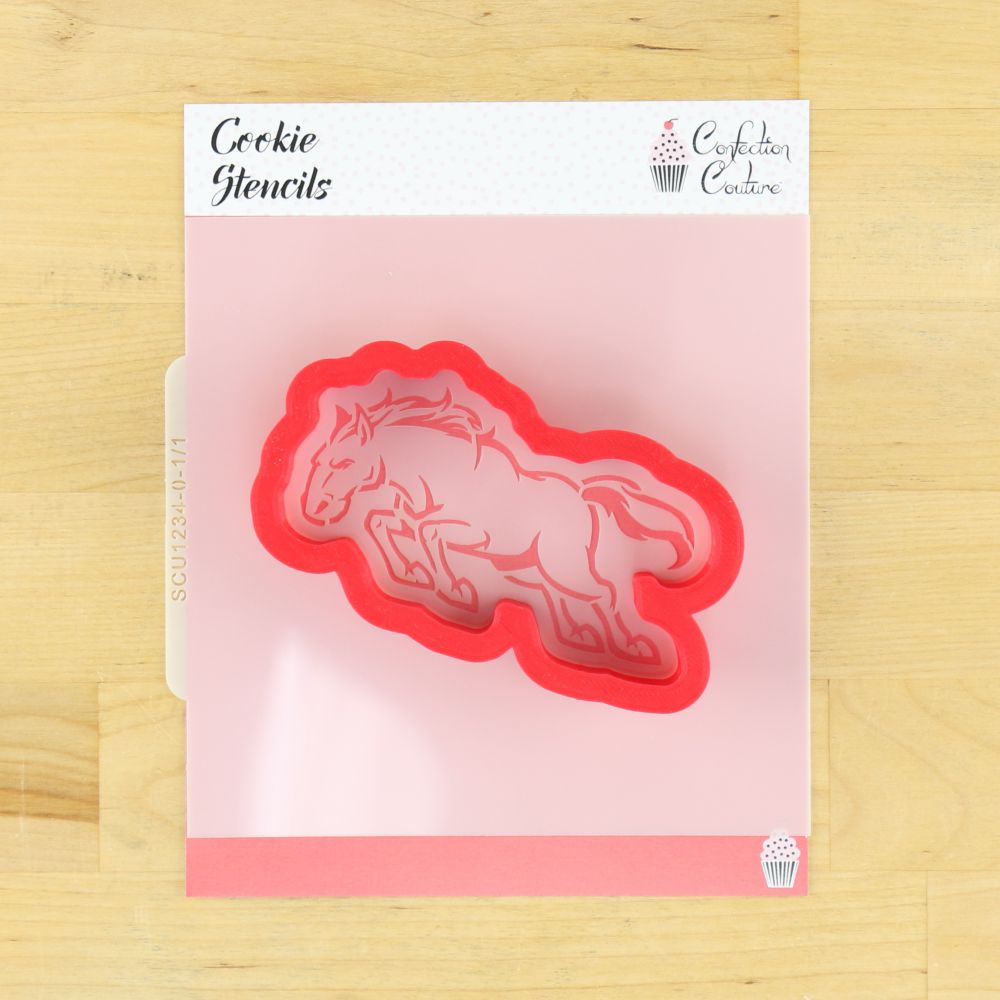 Bucking Bronco Mascot Cookie Stencil with its matching cookie cutter