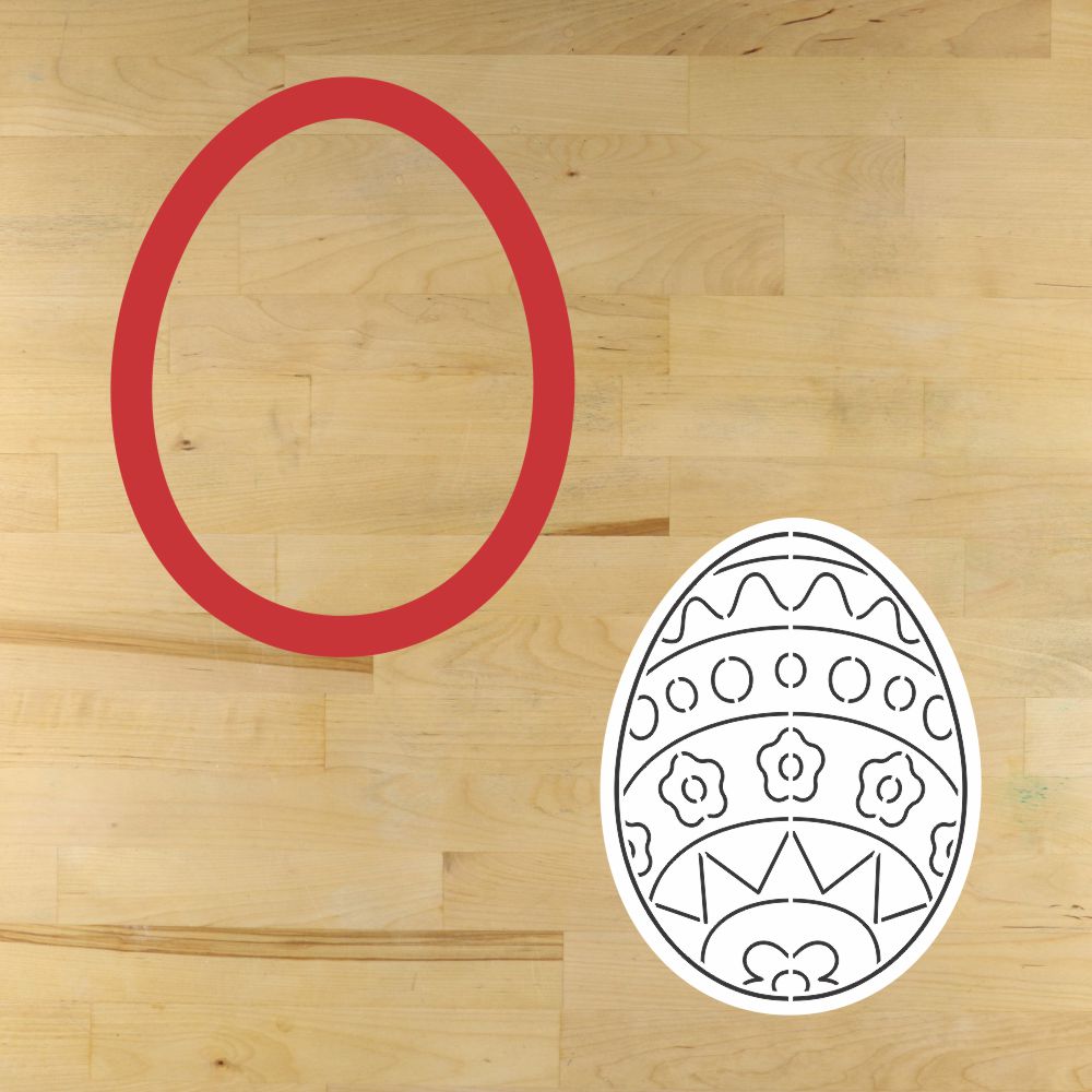 Easter Egg PYO cookie stencil featuring red outline and decorative design for cookie decorating.