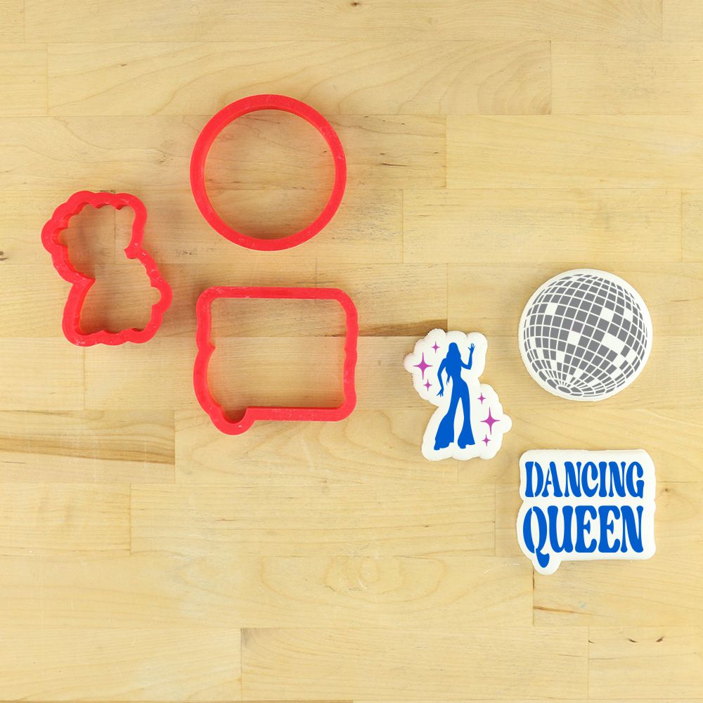 Dancing Queen Cookie Stencil Set featuring disco-themed cookie cutters and stencils for fun baking.