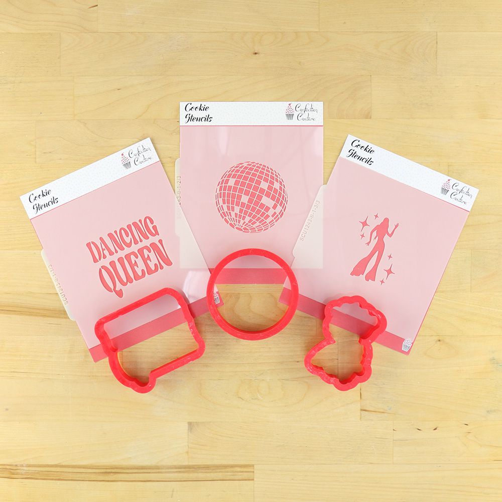Dancing Queen Cookie Stencil Set with disco designs and matching cookie cutters on a wooden surface.
