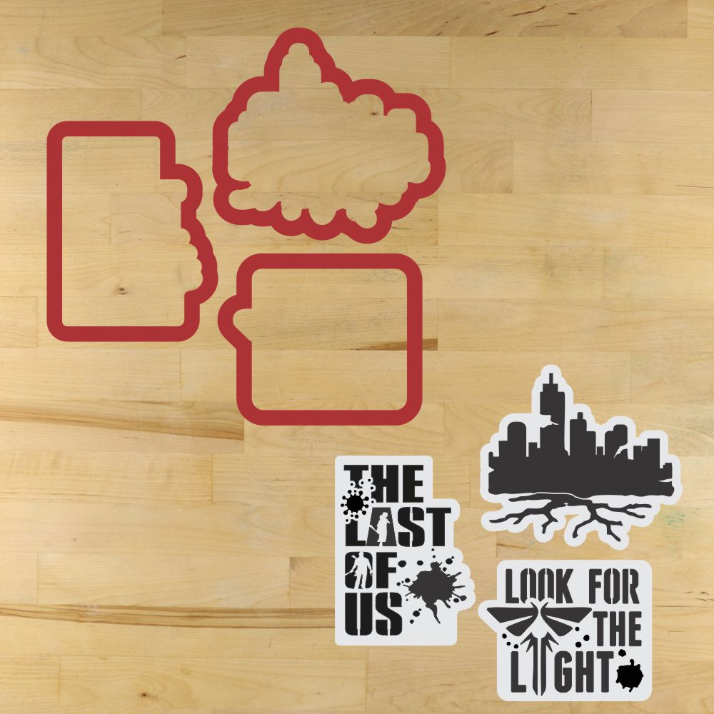 Mockup of Cookie cutters and 'The Last of Us' themed stencils on a wooden surface