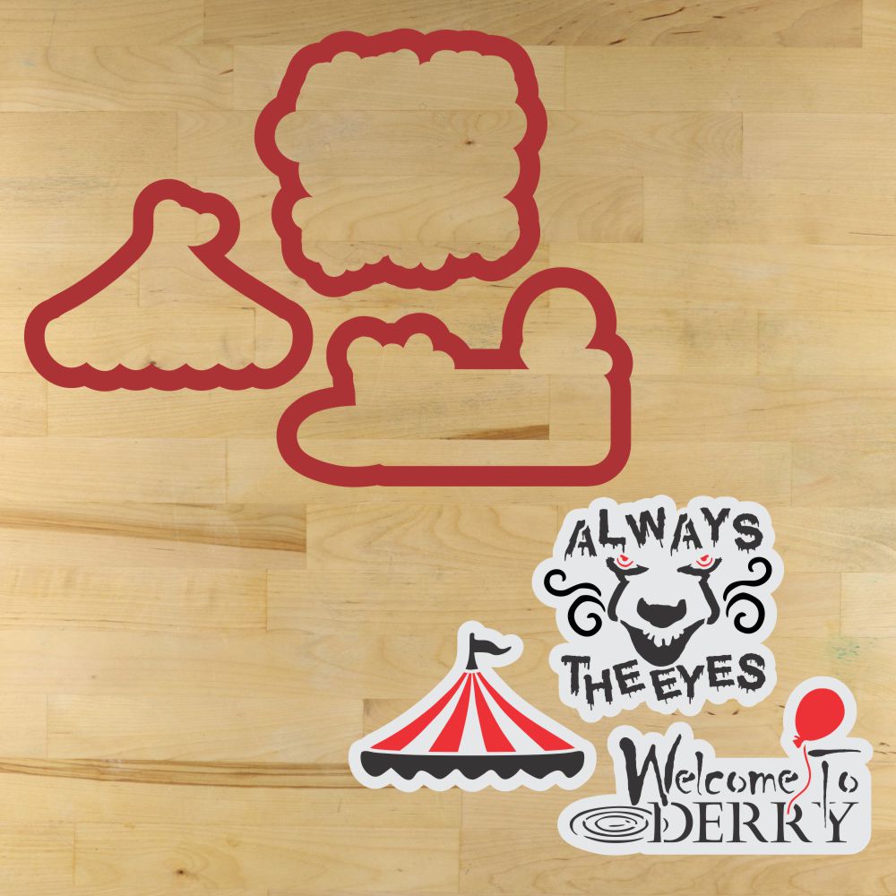 Mockup of cutters and stencils for the  cookie stencil set for IT inspired designs.