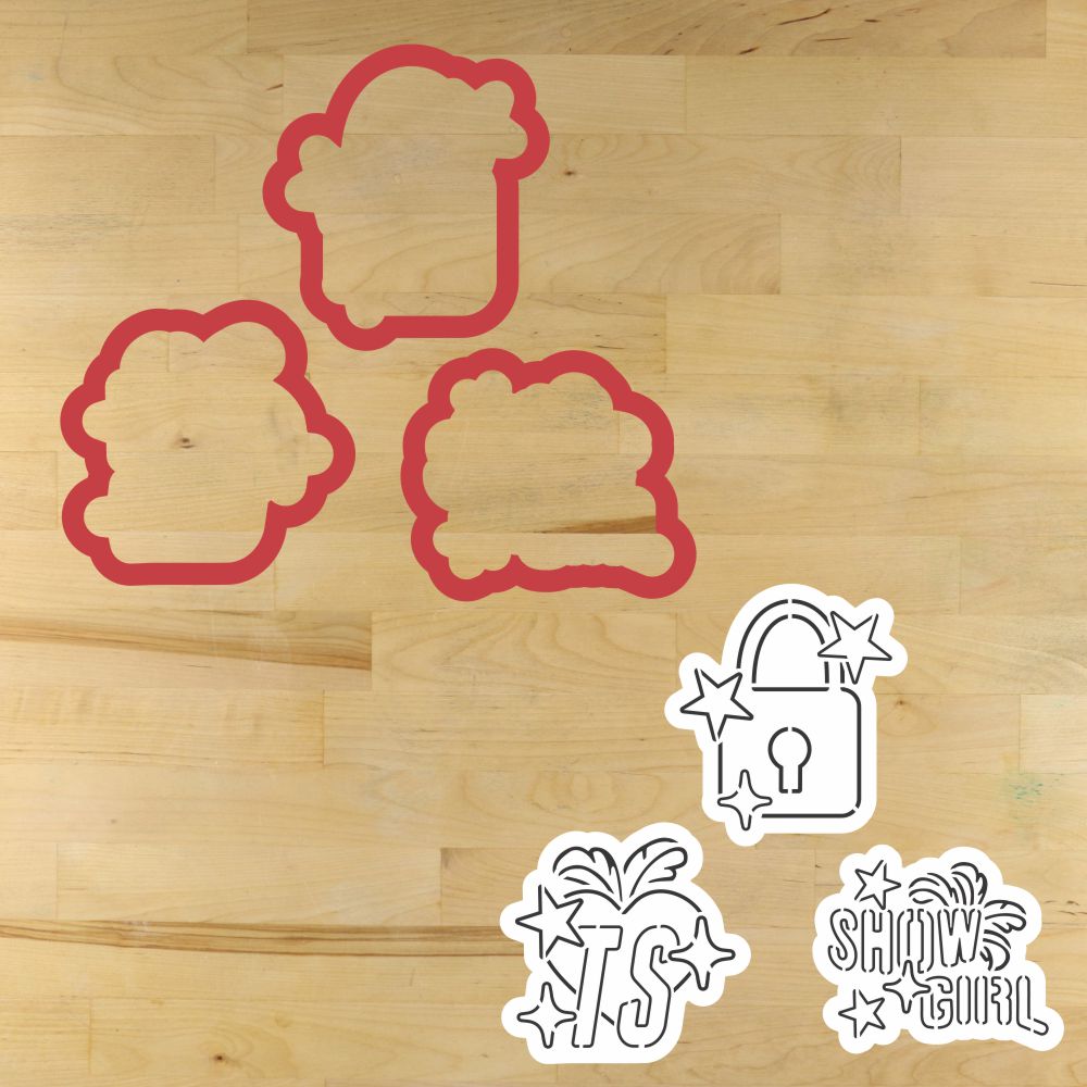 A Mockup of the Showgirl PYO Cookie Stencil Set with their matching cookie cutters