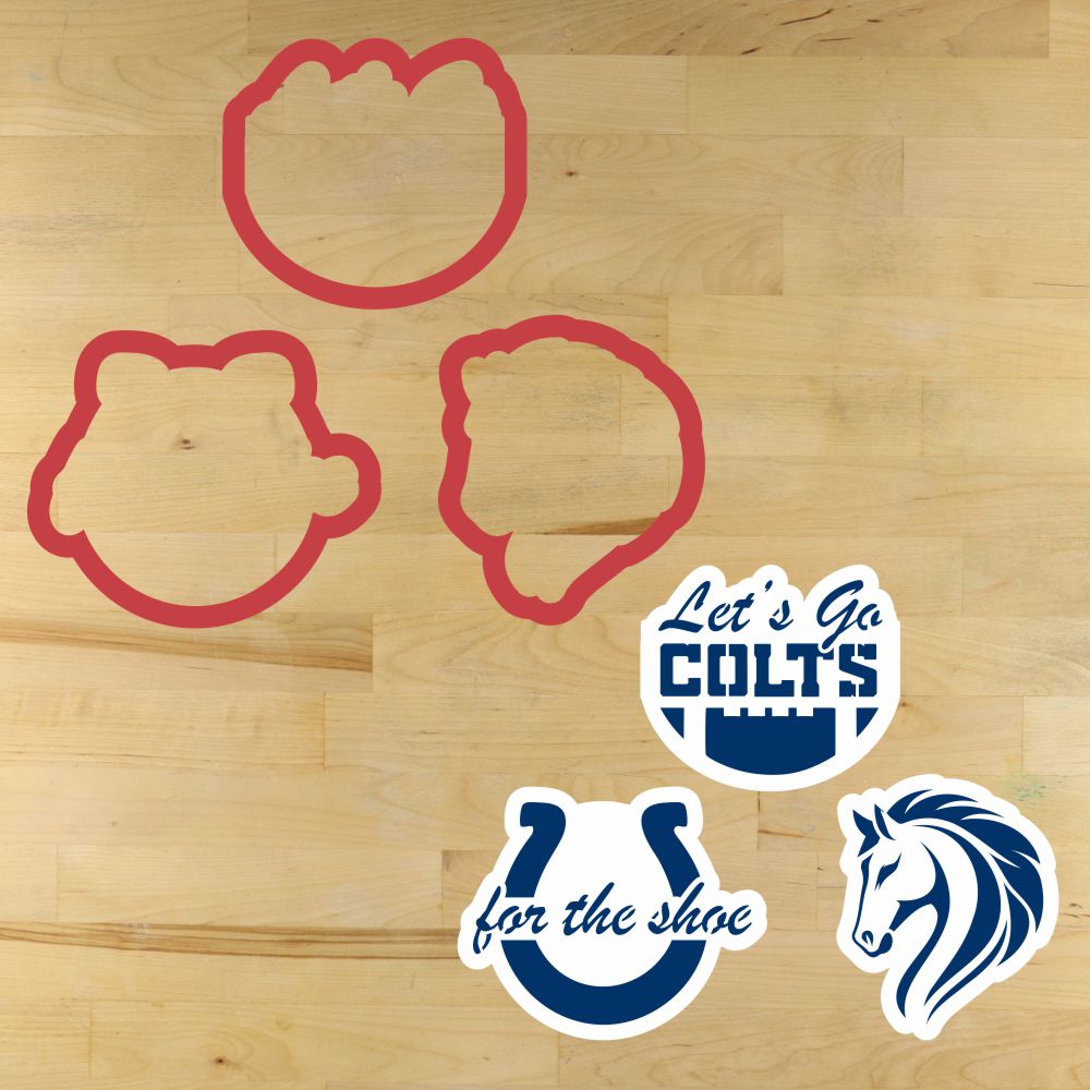 Mockup image of the Set of Colts cookie cutters and stencils on a wooden surface