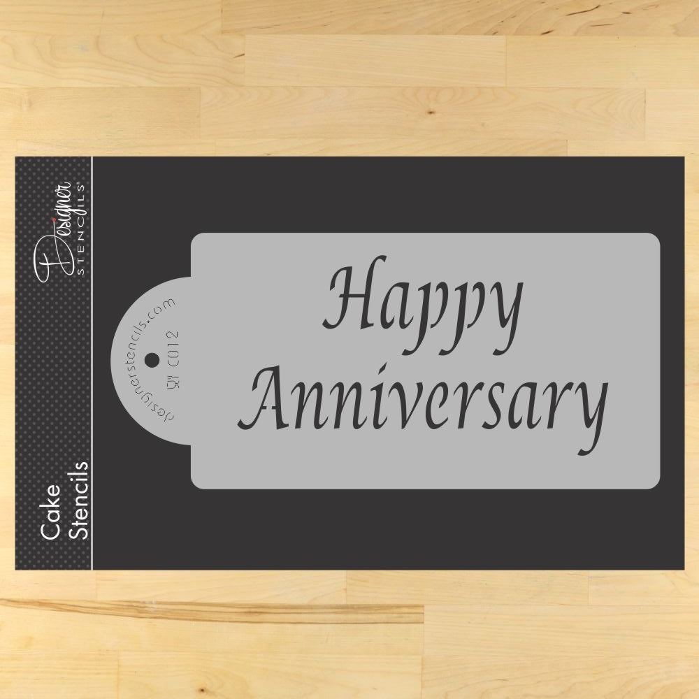 Happy Anniversary cake stencil by Designer Stencils, beige semi-transparent design for elegant cake decoration.