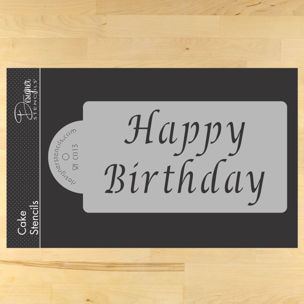 Happy Birthday cake stencil by Designer Stencils, beige semi-transparent, 5.5 x 3 inches for cake decoration.