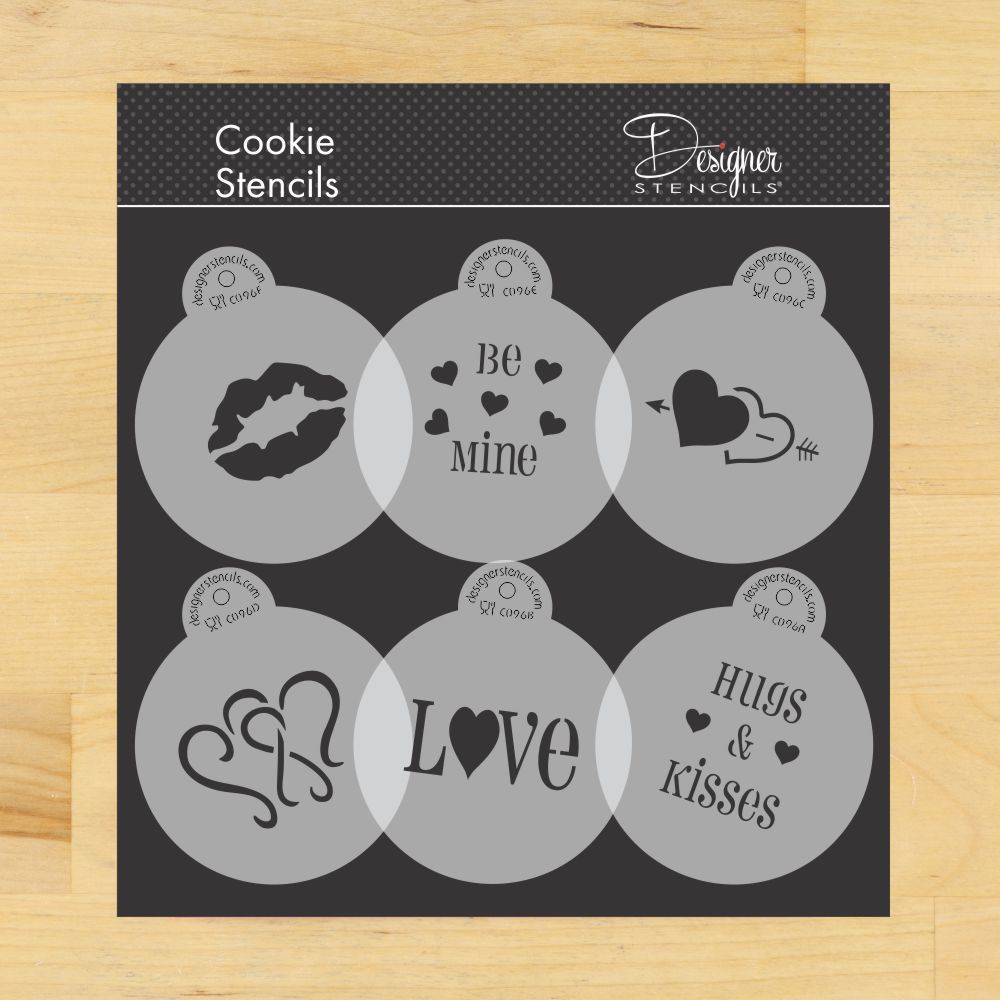 Valentine Round Cookie Stencil Set by Designer Stencils featuring love-themed designs for cookie decorating.