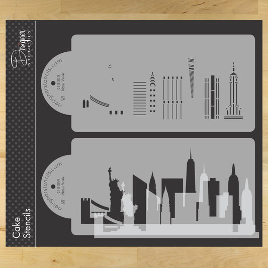 New York City skyline cake stencil by Designer Stencils, featuring iconic buildings and landmarks, 9.5"L x 4.4"W.