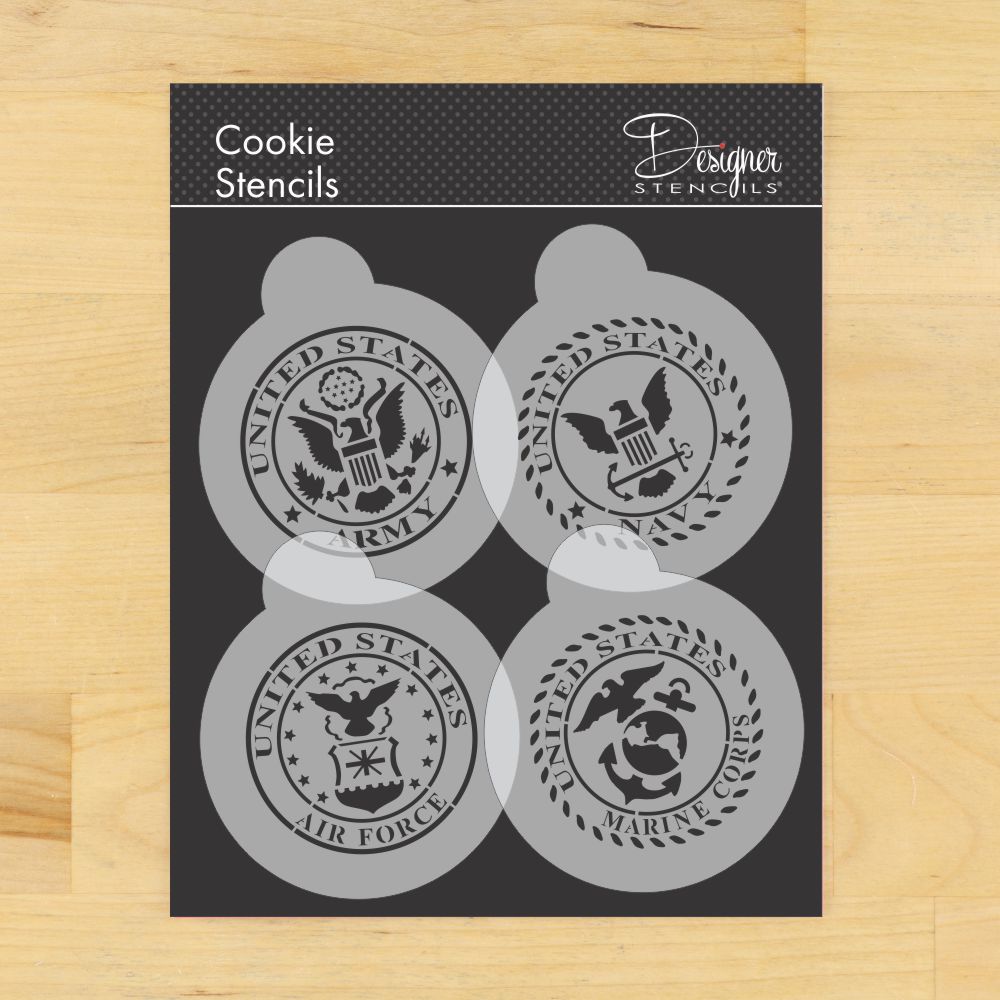 United States Military Seals Cookie Stencil Set featuring Army, Navy, Air Force, and Marines designs by Designer Stencils.