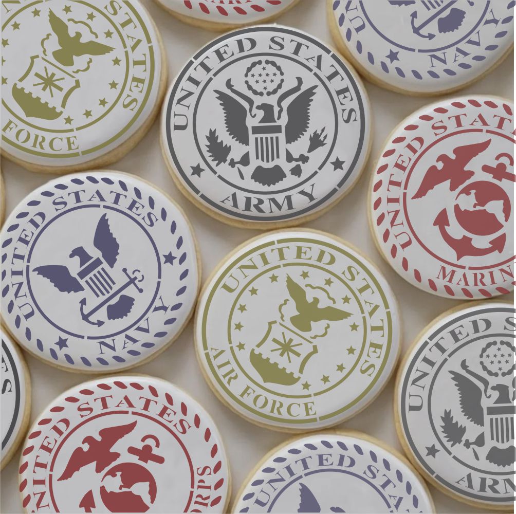 US Military Seals Cookie Stencil Set featuring Army, Navy, Air Force, and Marine designs on decorated cookies.