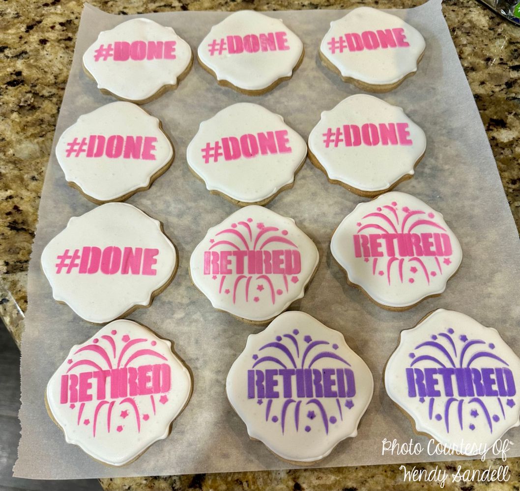Retired cookie stencil set featuring decorated cookies with '#DONE' and 'RETIRED' designs for retirement parties.