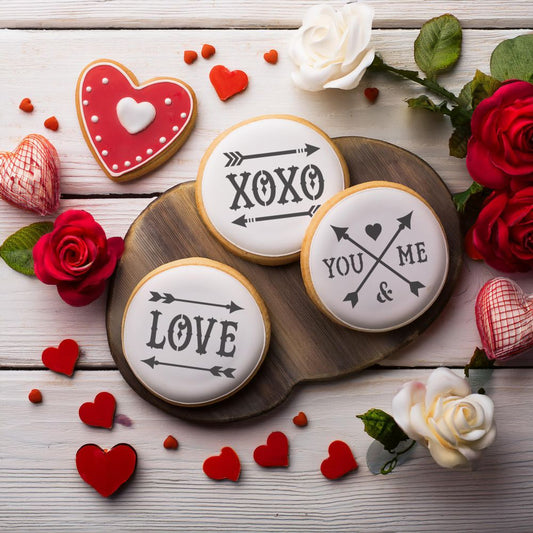 3 Round Cookies Decorated using the LOVE and Arrows Round Cookie Stencil Set by Designer Stencils