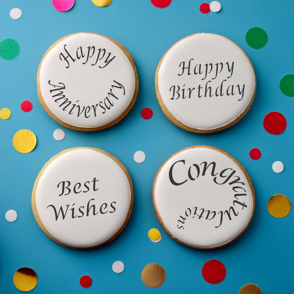 Special occasions round cookie stencils featuring Happy Anniversary, Happy Birthday, Best Wishes, and Congratulations designs.