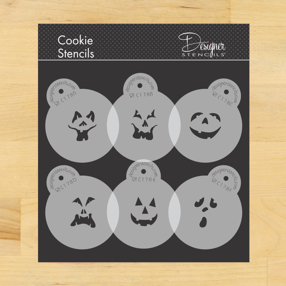 Jack-O-Lantern Halloween cookie stencil set by Designer Stencils featuring six different pumpkin face designs.