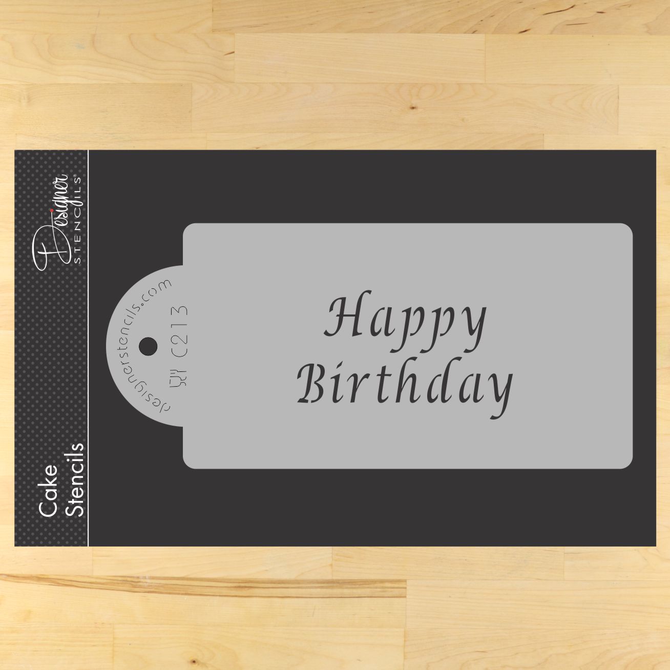 Happy Birthday cake stencil by Designer Stencils, beige semi-transparent, 3 x 5 inches, food grade decoration.