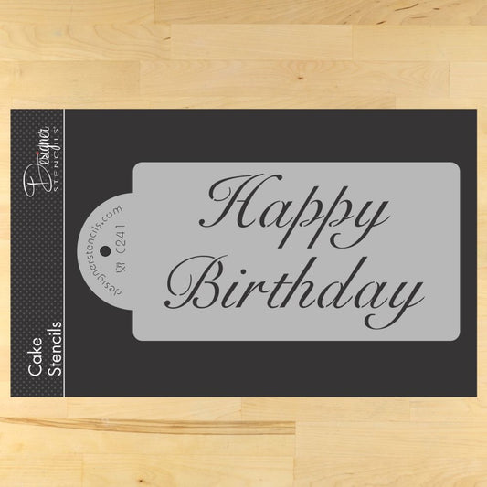 Fancy Happy Birthday cake stencil by Designer Stencils, beige plastic, ideal for cake decoration.
