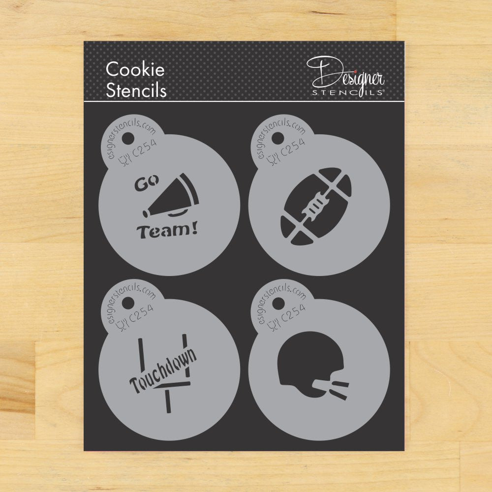 Football round cookie stencil set featuring designs: "Go Team!", football, "Touchdown", and helmet.