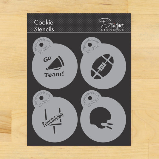 Football round cookie stencil set featuring designs: "Go Team!", football, "Touchdown", and helmet.