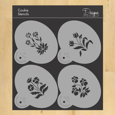 Spring Garden Cookie Stencil Set featuring four flower designs for festive cookie decorating.