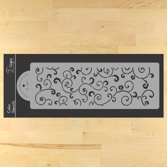 Leafy Scroll Cake Stencil Side by Designer Stencils in the package