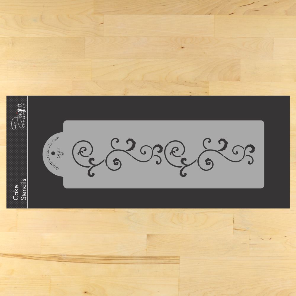 Leafy Scroll Cake Stencil Side by Designer Stencils in the package